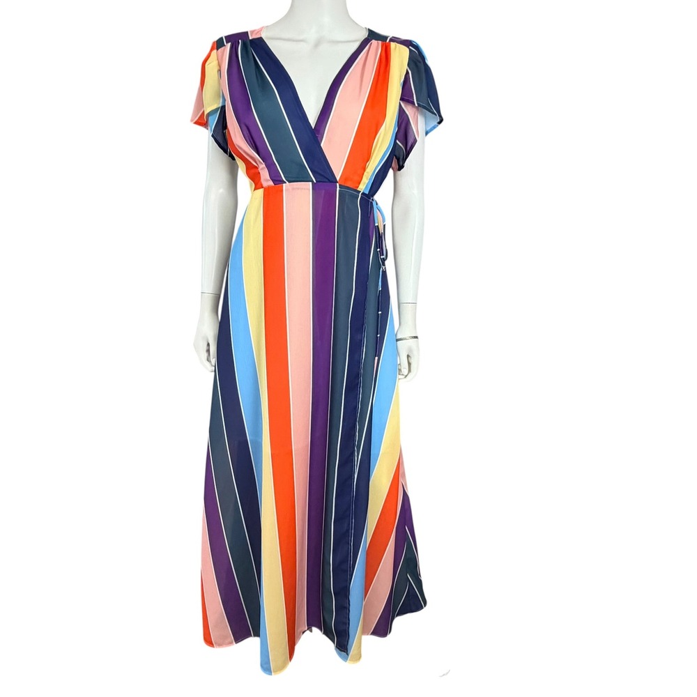 Impression Rainbow Stripe Wrap Maxi Dress Statement Festival Retro Colorblock L